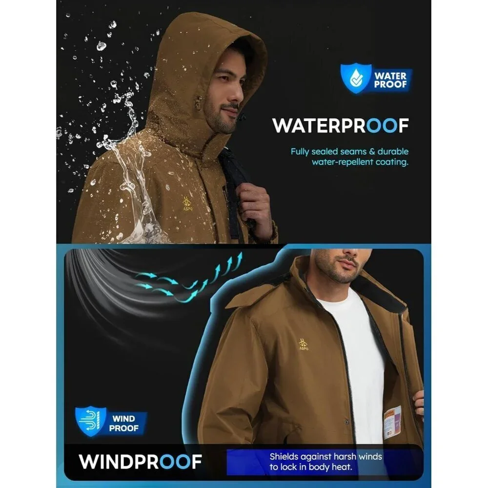 Men's Coffee Waterproof Winter Warm Snow Coat Fleece Lined Hiking Ski Jacket
